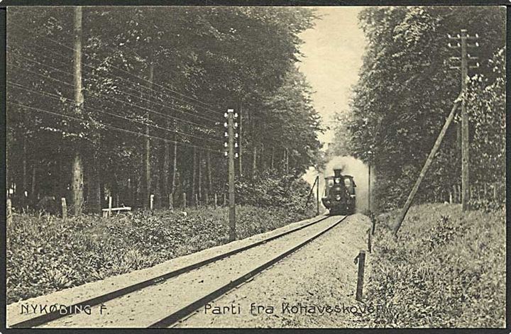 Lokomotiv paa vej gennem Kohaveskoven ved Nykøbing F. Stenders no. 12444.