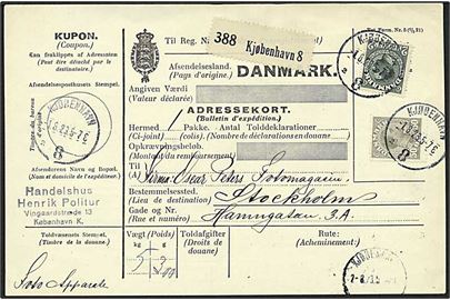 50 øre og 2 kr. Chr. X på internationalt adressekort for pakke fra Kjøbenhavn 8 d. 1.8.1923 til Stockholm, Sverige.