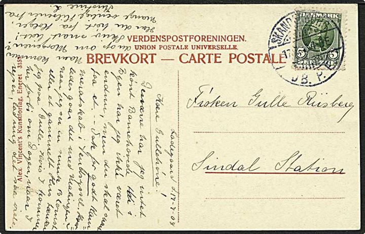 5 øre Fr. VIII på brevkort stemplet Skanderborg JB.P.E. d. 17.7.1908 til Sindal.