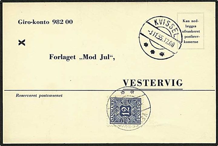 Ufrankeret svarbrevkort fra Kvissel d. 3.11.1955 til Vestervig. Udtakseret i enkeltporto med 12 øre Portomærke stemplet Vestervig d. 4.11.1955.