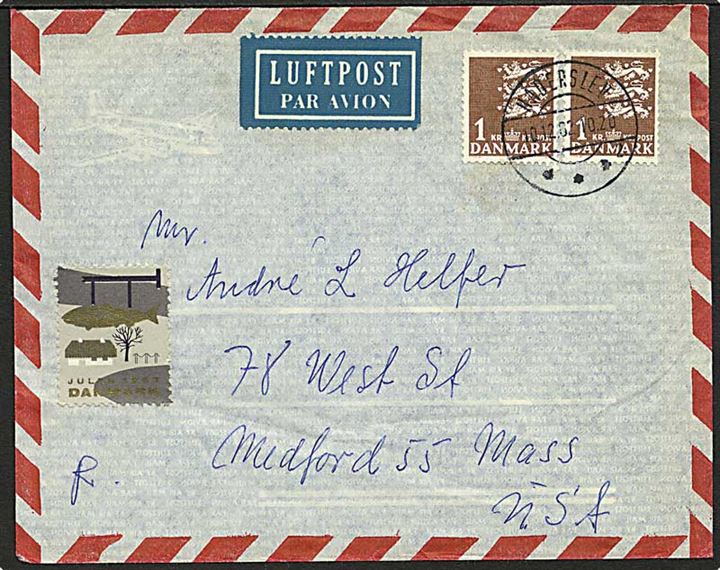 1 kr. Rigsvåben (2) og Julemærke 1962 på luftpostbrev fra Haderslev d. 10.12.1962 til Medford, USA.