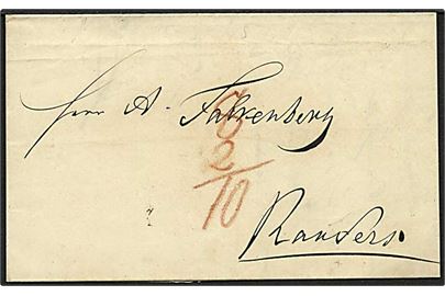 1845. Ufrankeret portobrev dateret Kyöe pr. Aalborg d. 25.5.1845 til Randers. Påskrevet 8+2 = 10 skilling.