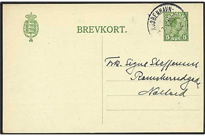 5 øre Chr. X helsagsbrevkort annulleret med sejlende bureaustempel Kjøbenhavn - Rønne Post2 d. 16.7.1918 til Næstved. Årstal utydelig.