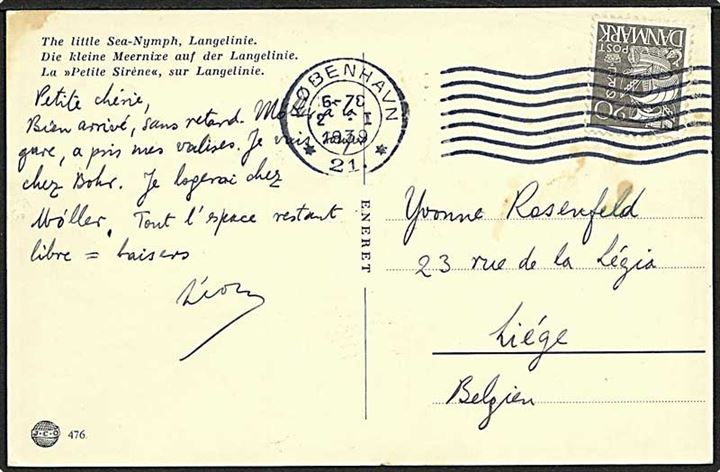 20 øre Karavel på brevkort fra København 21 d. 2.1.1939 til Liege, Belgien.