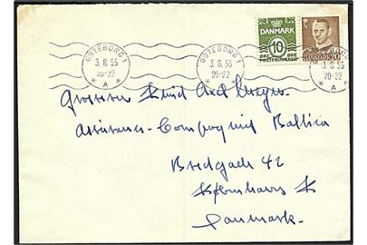 10 øre Bølgelinie og 20 øre Fr. IX på brev annulleret med svensk maskinstempel Göteborg d. 3.8.1955 til København, Danmark.