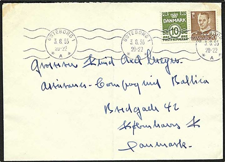 10 øre Bølgelinie og 20 øre Fr. IX på brev annulleret med svensk maskinstempel Göteborg d. 3.8.1955 til København, Danmark.