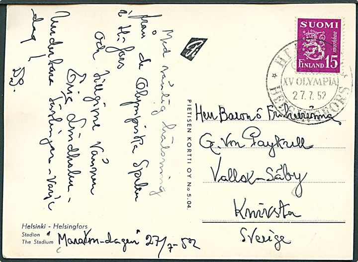 15 mk. Løve på brevkort (Helsingfors Stadion) annulleret med særstempel Helsingfors XV Olympia d. 27.7.1952 til Sverige. 