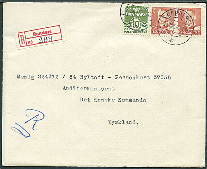 10 øre Bølgelinie og 30 øre Fr. IX i parstykke på anbefalet brev fra Randers d. 25.10.1954 til soldat ved det danske Kommando i Tyskland.