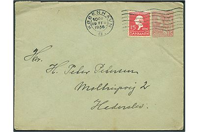 Monaco 15 c. helsagsskuvert anvendt som kuvert med dansk 15 øre H.C.Andersen stemplet København d. 19.2.1936 til Haderslev.