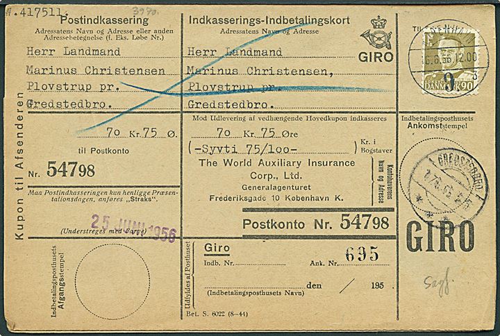 90 øre Fr. IX single på retur Indkasserings-Indbetalingskort fra København d. 16.6.1956 til Gredstedbro.