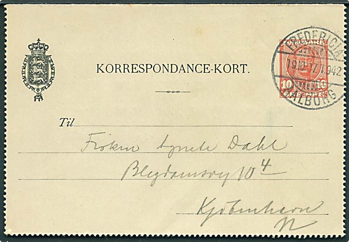 10 øre Fr. VIII helsagskorrespondancekort dateret paa Vejen til Aarhus annulleret med bureaustempel Fredericia - Aalborg T.942 d. 19.10.1907 til København.