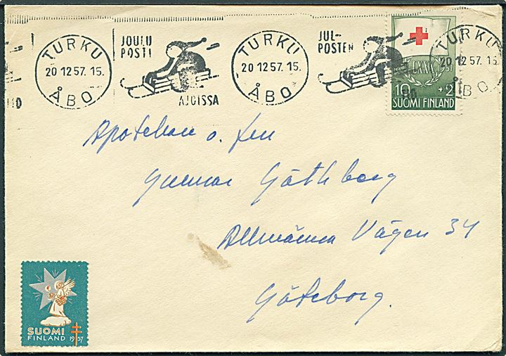 10+2 mk. Røde Kors udg. på brev fra Turku d. 20.12.1957 til Göteborg, Sverige.