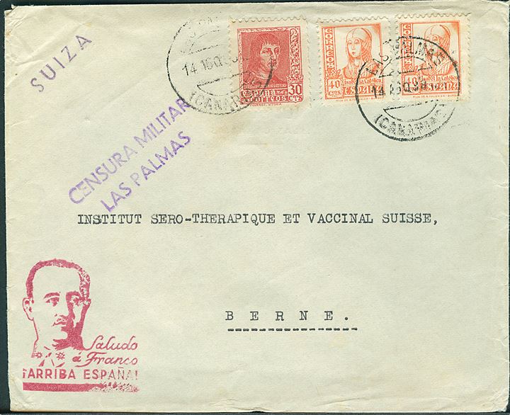 30 cts. og 40 cts. i parstykke på brev fra Las Palmas (Canarias) d. 14.8.1938 til Bern, Schweiz. Rødt Franco propaganda stempel og lokal censur fra Las Palmas.