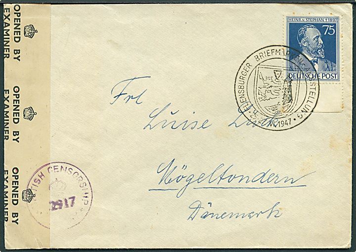 75 pfg. v. Stephan single på brev annulleret med udstillingsstempel fra Flensburg d. 25-27.6.1947 til Møgeltønder, Danmark. Allieret efterkrigscensur.