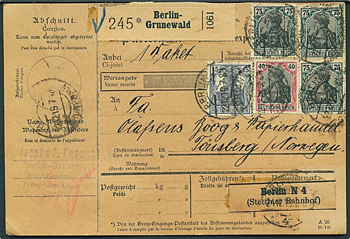 15 pfg., 40 pfg. og 75 pfg. (3) Germania på internationalt adressekort for pakke fra Berlin Grunewald d. 22.12.1919 til Tønsberg, Norge. Ank.stemplet i Tønsberg d. 15.1.1920.