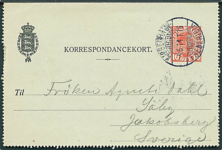 10 øre Chr. X helsags korrespondancekort dateret Paa Færgen over St.Bælt annulleret med bureaustempel Kjøbenhavn - Fredericia T.16 d. 4.5.1914 til Jakobsberg, Sverige.