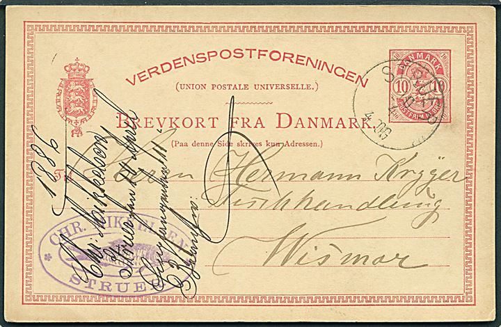 10 øre Våben helsagsbrevkort annulleret med lapidar Struer d. 10.4.1886 til Wismar, Tyskland.