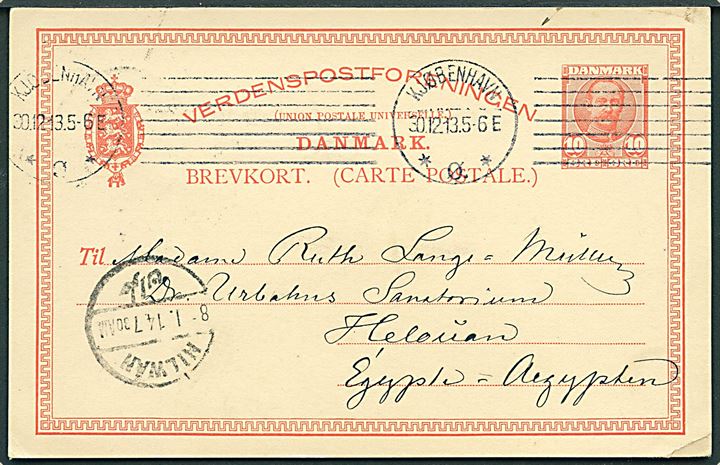 10 øre Fr. VIII helsagsbrevkort fra Kjøbenhavn d. 30.12.1913 via Cairo og Nilwan til Helouan, Egypten. Lille hj. knæk.