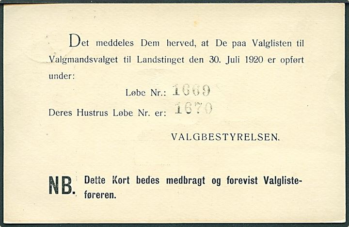 7 øre Chr. X helsagsbrevkort (fabr. 56-H) med fortrykt valgkort til Valgmandsvalget til Landstinget d. 30.7.1920 sendt lokalt i Nyborg d. 26.7.1920. Interessant valgkort fra et af de første valg hvor kvinder havde valgret. 