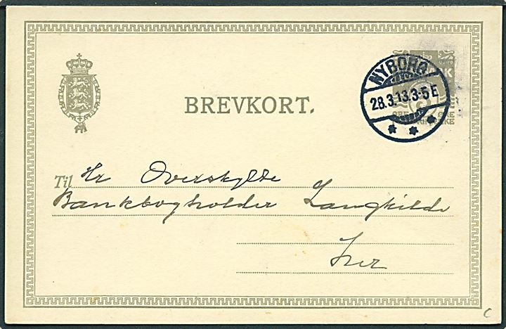 3 øre Helsagsbrevkort med fortrykt meddelelse fra Nyborg Skyttekorps sendt lokalt i Nyborg d. 28.3.1913. Meddelelse om at korpset skal møde i feltmæssig udrustning søndag d. 30.3.1913 i Tøjhusgaarden.