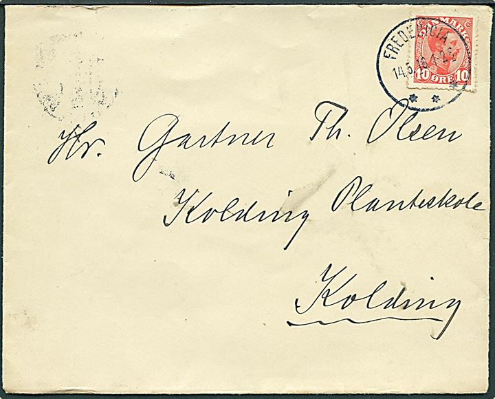 10 øre Chr. X på brev med indhold fra Det kongelige Døvstumme-Institut i Fredericia d. 14.5.1916 til Kolding.