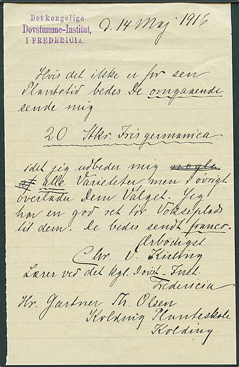 10 øre Chr. X på brev med indhold fra Det kongelige Døvstumme-Institut i Fredericia d. 14.5.1916 til Kolding.