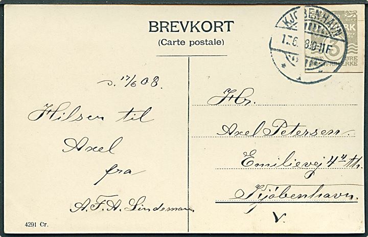 3 øre helsagsafklip anvendt som frankering på lokalt brevkort i Kjøbenhavn d. 17.6.1908.