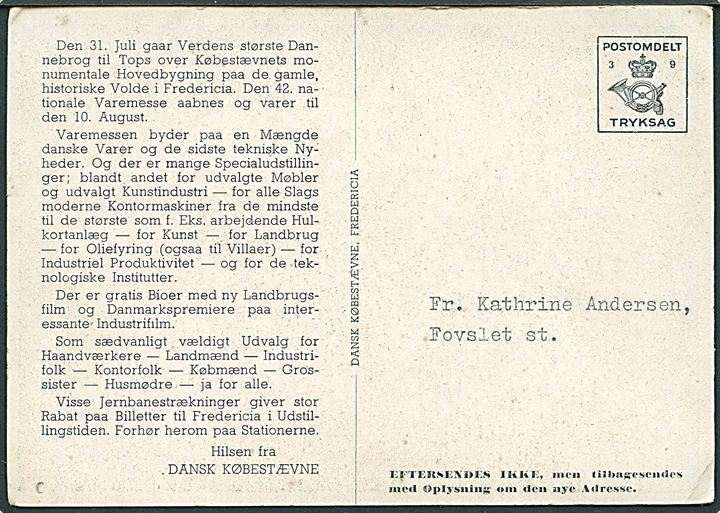 Postomdelt Tryksag no. 39 på brevkort fra Dansk Købestævne i Fredericia ca. 1955. 