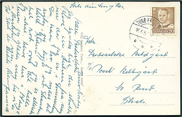 20 øre Fr. IX på brevkort (Tunø Kirke og Fyrtårn) annulleret med brotype IIc Tunø Kattegat d. 16.6.1957 til Skals.