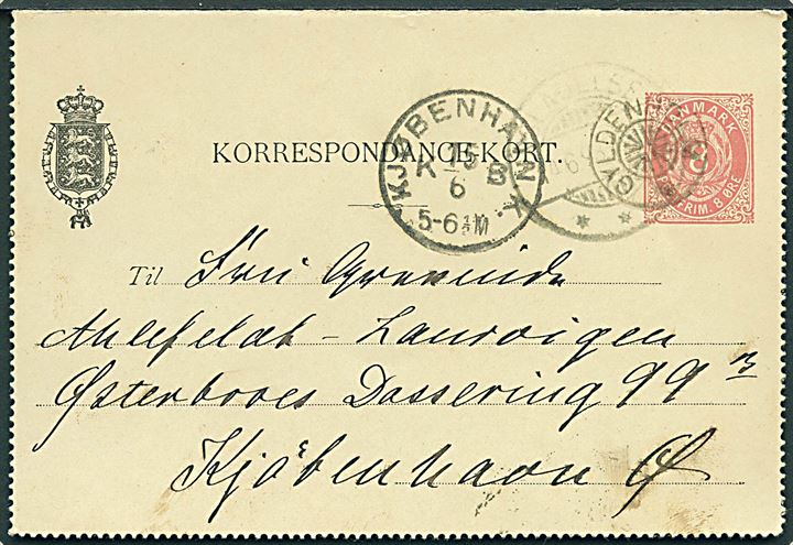 8 øre helsags korrespondancekort annulleret med stjernestempel GYLDENHOLM og sidestemplet Slagelse d. 14.6.1893 til Kjøbenhavn.