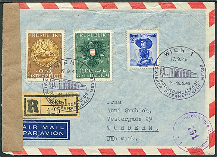 40+10 g., 1s60+40g Velgørenhed og 1 s. på anbefalet luftpostbrev annulleret med særstempel i Wien d. 17.9.1949 til Tønder, Danmark. Åbnet af allieret efterkrigscensur i Østrig.