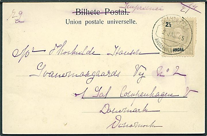 Angra. 2½ på brevkort stemplet Angra do Heroísmo på Azoerne d. 2.1.1905 til København, Danmark. 