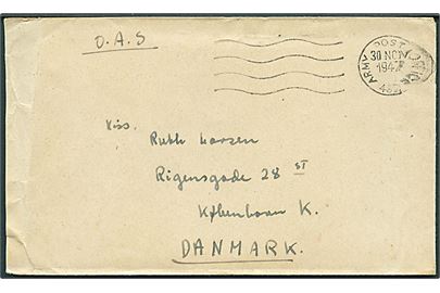 Ufrankeret britisk feltpostbrev stemplet Army Post Office 432 (= Hamburg) d. 30.11.1947 til København, Danmark. Fra dansker ved 94th Military Hospital, BAOR 3 i Tyskland.