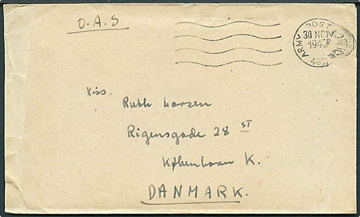 Ufrankeret britisk feltpostbrev stemplet Army Post Office 432 (= Hamburg) d. 30.11.1947 til København, Danmark. Fra dansker ved 94th Military Hospital, BAOR 3 i Tyskland.
