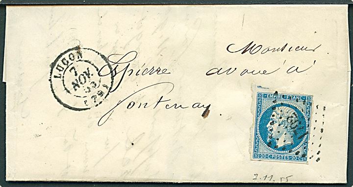 20 c. Napoleon III utakket på brev annulleret med nr.stempel 1702 og sidestemplet Lugon d. 7.11.1855.