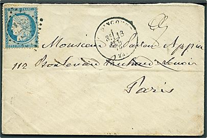 25 c. Ceres på brev annulleret med nr.stempel 217 og svagt sidestempel d. 18.1.1876 til Paris.