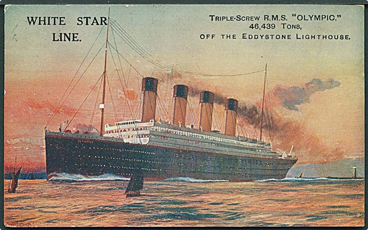 Olympic, R.M.S., White Star Line. Frankeret med engelsk 1½d George V annulleret med fransk stempel i Cherbourg d. 8.2.1922 og sidestemplet Paquebot til Göteborg, Sverige.