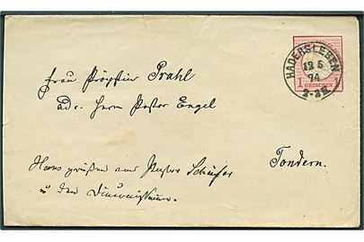1 gr. helsagskuvert annulleret med enringsstempel Hadersleben d. 12.5.1874 til Tondern.