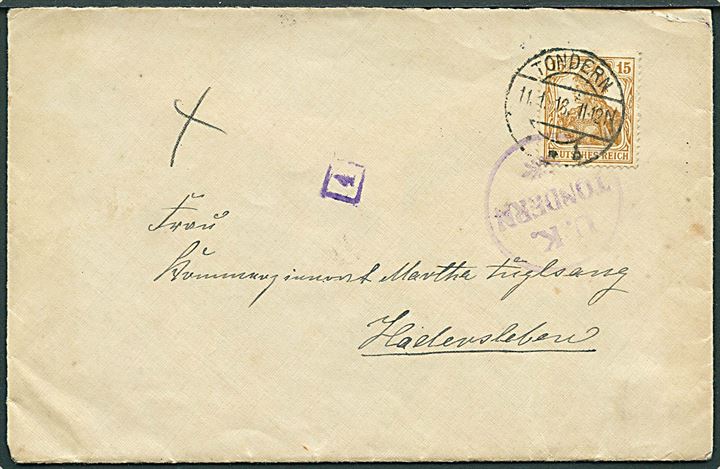 15 pfg. Germania på brev stemplet Tondern **b d. 11.1.1918 til Hadersleben. Violet censurstempel Ü.K. Tondern og lille rammestempel 4.