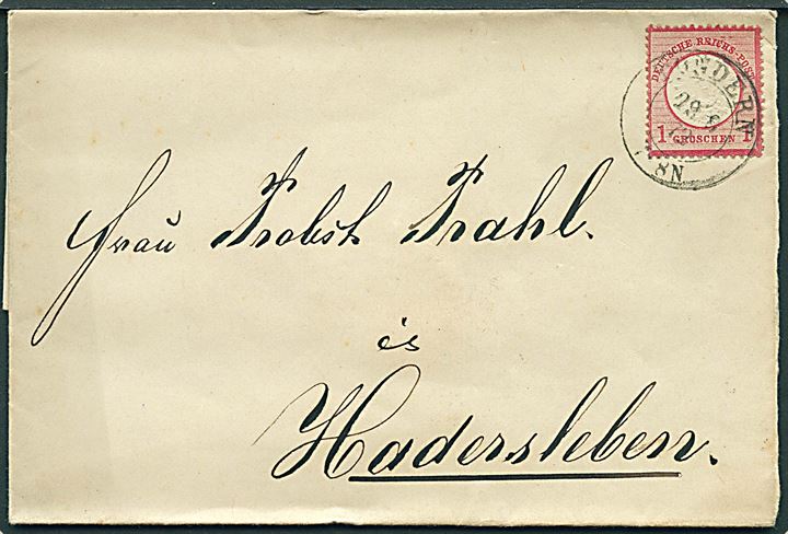 1 gr. Lille Brystskjold på brev annulleret med 2-ringsstempel Tondern d. 29.6.1872 til Hadersleben.