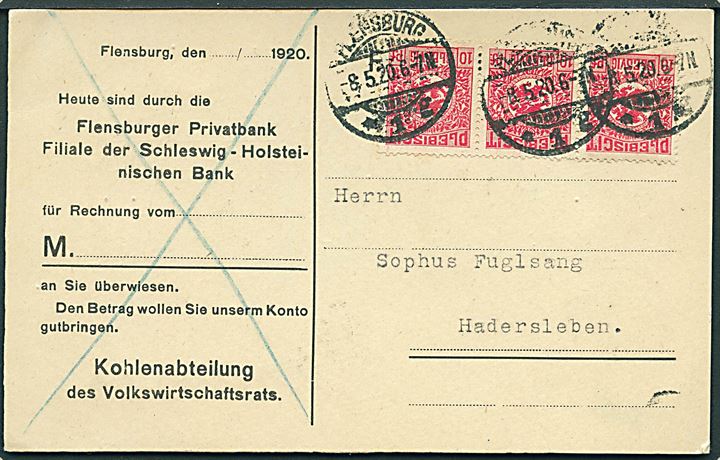 10 pfg. Fælles udg. i vandret 3-stribe på brevkort fra Flensburg d. 8.5.1920 til Haderslev.