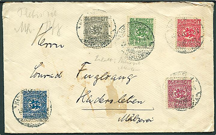 2½ pfg., 5 pfg., 10 pfg. 15 pfg. og 20 pfg. Fælles udg. på filatelistisk lokalbrev i Hadersleben d. 29.2.1920 (Skuddag).
