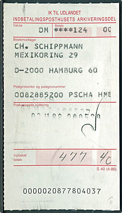 10 kr. Fritz Syberg annulleret med postsparestempel Hals d. 3.11.1988 på bagsiden af kvittering for indbetalingskort til Udlandet. Stempel ikke registreret postalt anvendt jf. Vagn Jensen.