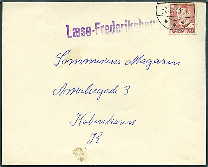 30 øre Fr. IX (skåret i toppen) på skibsbrev annulleret Frederikshavn d. 7.12.1953 og sidestemplet violet Læsø-Frederikshavn til København.