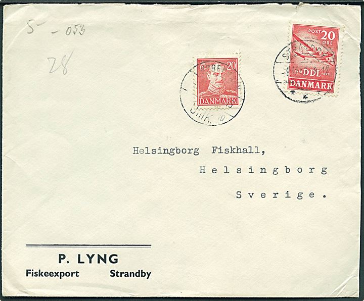 20 øre DDL på underfrankeret brev fra Strandby d. 8.12.1943 til Helsingborg, Sverige. Postalt opfrankeret med 20 øre Chr. X stemplet København Omk. Åbnet af dansk censur.