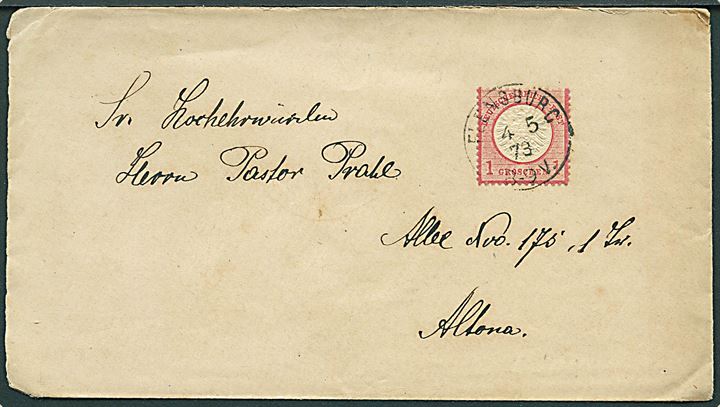 1 gr. Brystskjold på brev fra Flensburg d. 4.5.1873 til Altona.