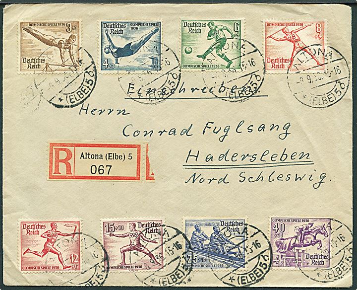Komplet sæt Olympiade udg. på anbefalet brev fra Altona d. 8.9.1936 til Haderslev, Danmark.