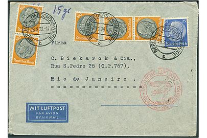 25 pfg. og 100 pfg. (5) Hindenburg på luftpostbrev fra Berlin d. 28.2.1938 til Rio de Janeiro, Brasilien. Luftpost stempel: Deutsche Luftpost b Europa - Südamerika. Et mærke revet.