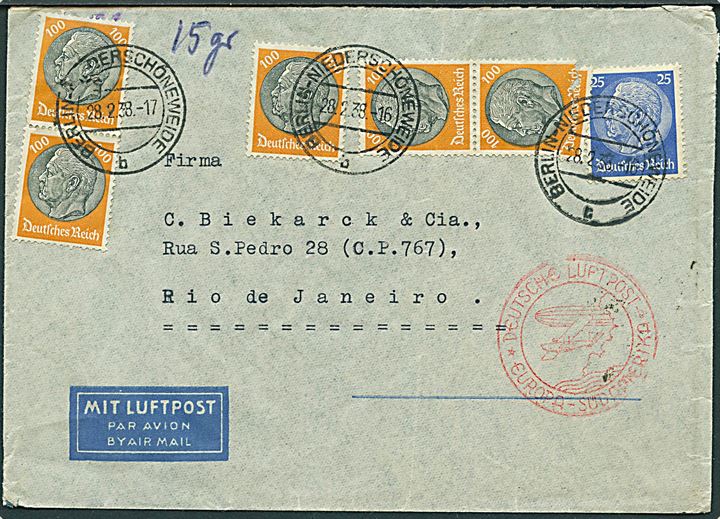 25 pfg. og 100 pfg. (5) Hindenburg på luftpostbrev fra Berlin d. 28.2.1938 til Rio de Janeiro, Brasilien. Luftpost stempel: Deutsche Luftpost b Europa - Südamerika. Et mærke revet.
