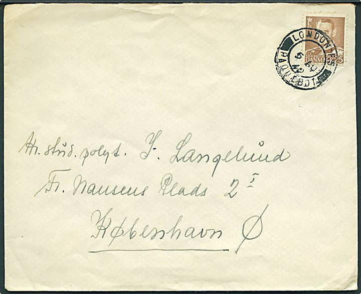 25 øre Fr. IX på DFDS kuvert annulleret med britisk skibsstempel London F.S. Paquebot d. 5.8.1949 til København, Danmark.